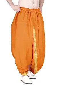 Krusnam Store Men's Ethnic Pure Cotton Readymade Dhoti With Golden Lace in Front for Special Occasions Wedding Puja Festival Comfortable Dhoti(Free size) (Mustard)-thumb1