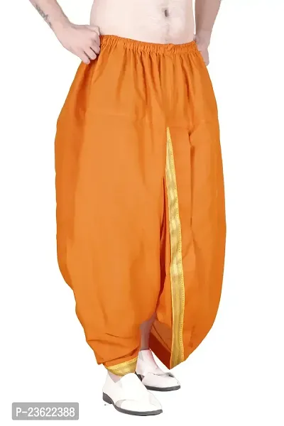 Krusnam Store Men's Ethnic Pure Cotton Readymade Dhoti With Golden Lace in Front for Special Occasions Wedding Puja Festival Comfortable Dhoti(Free size) (Mustard)-thumb2