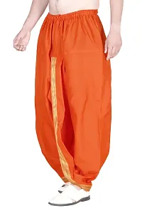 Krusnam Store Men's Ethnic Pure Cotton Readymade Dhoti With Golden Lace in Front for Special Occasions Wedding Puja Festival Comfortable Dhoti(Free size) (Orange)-thumb2