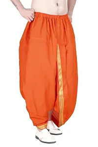 Krusnam Store Men's Ethnic Pure Cotton Readymade Dhoti With Golden Lace in Front for Special Occasions Wedding Puja Festival Comfortable Dhoti(Free size) (Orange)-thumb1