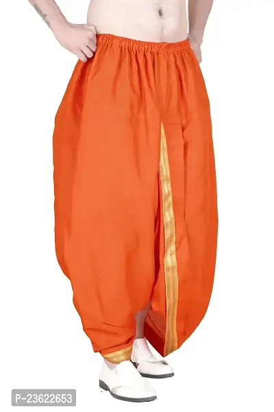 Krusnam Store Men's Ethnic Pure Cotton Readymade Dhoti With Golden Lace in Front for Special Occasions Wedding Puja Festival Comfortable Dhoti(Free size) (Orange)-thumb2