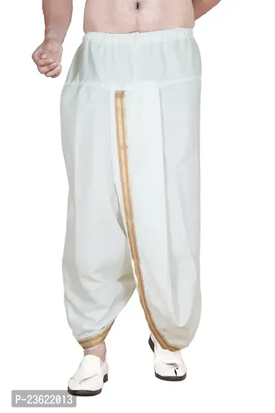 Krusnam Store Men's Ethnic Cotton Readymade Dhoti With Golden Lace in Front for Special Occasions Wedding Puja Festival Comfortable Dhoti(Free size) (Off White)