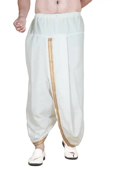 Krusnam Store Men's Ethnic Pure Cotton Readymade Dhoti With Golden Lace in Front for Special Occasions Wedding Puja Festival Comfortable Dhoti(Free size)