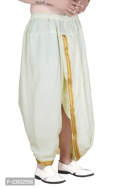 Krusnam Store Men's Ethnic Cotton Readymade Dhoti With Golden Lace in Front for Special Occasions Wedding Puja Festival Comfortable Dhoti(Free size) (Cream)-thumb2