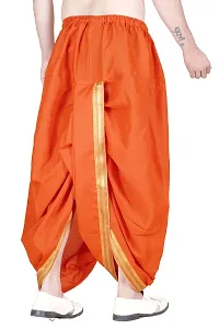 Krusnam Store Men's Ethnic Pure Cotton Readymade Dhoti With Golden Lace in Front for Special Occasions Wedding Puja Festival Comfortable Dhoti(Free size) (Orange)-thumb3