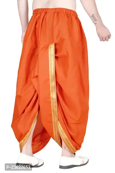 Krusnam Store Men's Ethnic Pure Cotton Readymade Dhoti With Golden Lace in Front for Special Occasions Wedding Puja Festival Comfortable Dhoti(Free size) (Orange)-thumb4