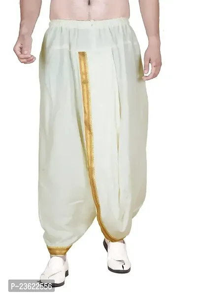 Krusnam Store Men's Ethnic Cotton Readymade Dhoti With Golden Lace in Front for Special Occasions Wedding Puja Festival Comfortable Dhoti(Free size) (Cream)-thumb0