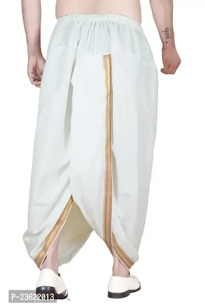 Krusnam Store Men's Ethnic Cotton Readymade Dhoti With Golden Lace in Front for Special Occasions Wedding Puja Festival Comfortable Dhoti(Free size) (Off White)-thumb3