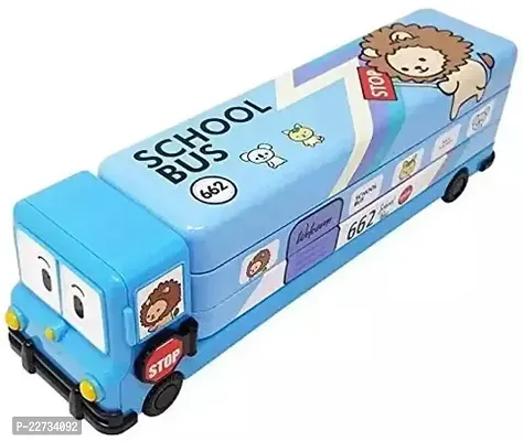 Mgs Large Capacity Cartoon Printed School Bus Metal Pencil Box With Moving Tyres Sharpener For Kids Blue Pack Of 1