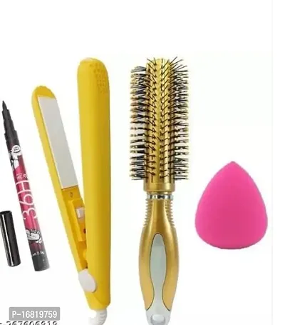 Combo Of Beauty Eyeliner Mini Hair Straightener Hair Roller Brush Makeup Puf