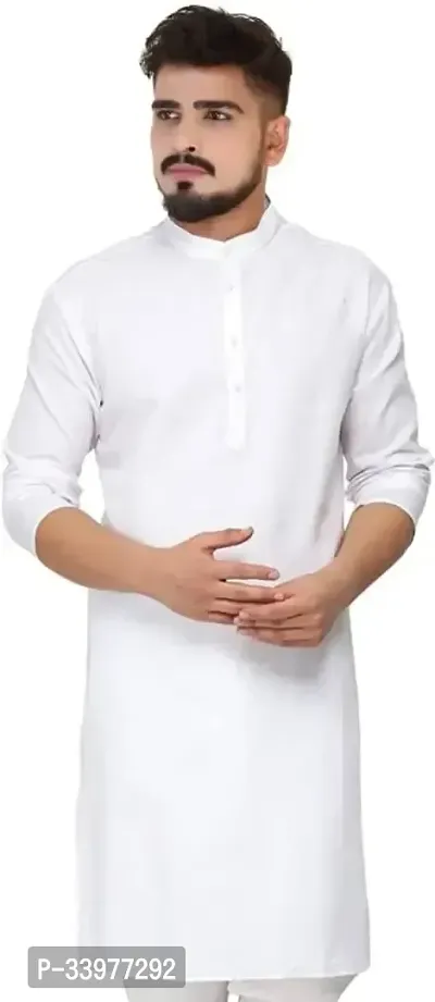 Stylish White Cotton Solid Long Length Kurta For Men-thumb0