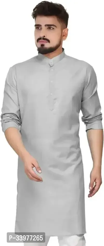 Stylish Grey Cotton Solid Long Length Kurta For Men