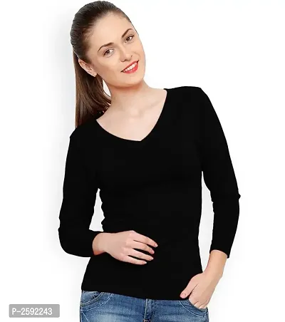 Black Solid Regular Length V Neck Tees-thumb0