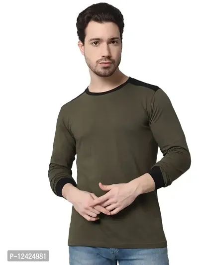 TRENDS TOWER Mens Shoulder Patch Full Sleeve T-Shirt Olive