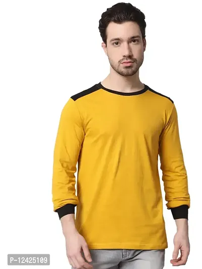 TRENDS TOWER Mens Shoulder Patch Full Sleeve T-Shirt Mustard