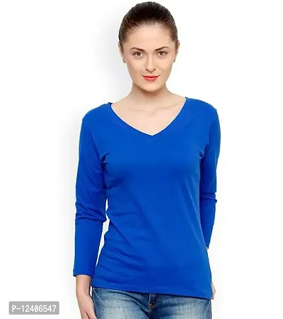 TRENDS TOWER Women Bio Wash Full Sleeve V-Neck Blue Color T-Shirt