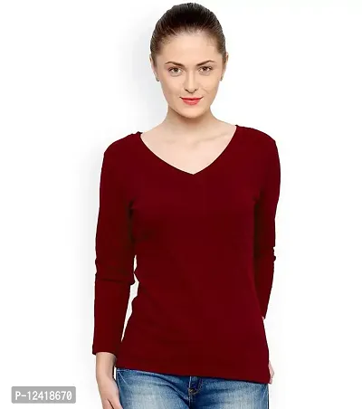 TRENDS TOWER Women Bio Wash Full Sleeve V-Neck Maroon Color T-Shirt