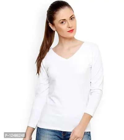 TRENDS TOWER Women Bio Wash Full Sleeve V-Neck White Color T-Shirt