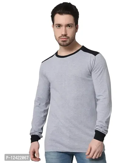 TRENDS TOWER Mens Shoulder Patch Full Sleeve T-Shirt Grey-thumb0