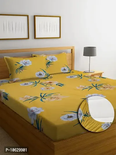 Amazin Homes Premium Cotton Elastic Fitted Yellow White Flower Printed Multi Color Bedsheet for Double Bed with 2 Pillow Covers Size 72x78 Inch Up to 8 inch Mattress