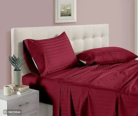 Amazin Homes 300 TC Cotton Satin Double Queen Size Bedsheet with 2 Pillow Covers Plain Premium Platinum Superior Elegant Solid Stripes - 90 x 100 (Maroon)-thumb0