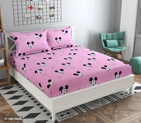 Amazin Homes Soft Glace?Cotton Elastic Fitted Double Bed King Size Fits Upto 72? x 78? inches 7"" Mattress Bedsheets with 2 Pillow Cover (Micky Pink)
