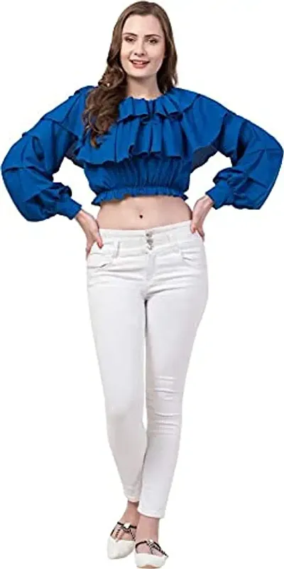 srs fashion Casual Cuffed Sleeves Solid Women Top (Royal Blue, Medium)