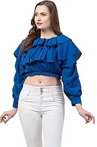 srs fashion Casual Cuffed Sleeves Solid Women White Top (Royal Blue, Medium)-thumb3