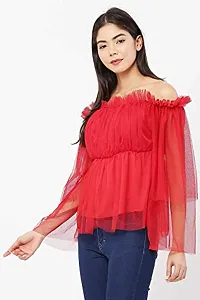 SRS FASHION Casual 3/4 Sleeve Printed Women Off shoulderTop (Red, Small)-thumb4