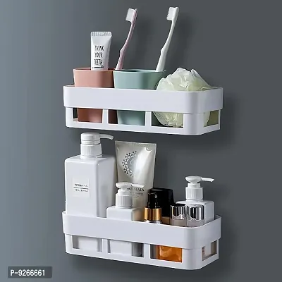 Plastic Rectangular Multipurpose Wall Shelves with Towel Hanger Shelf Self-Adhesive Sticker Hooks Wall Holder Bathroom Storage Rack Box Str-thumb0