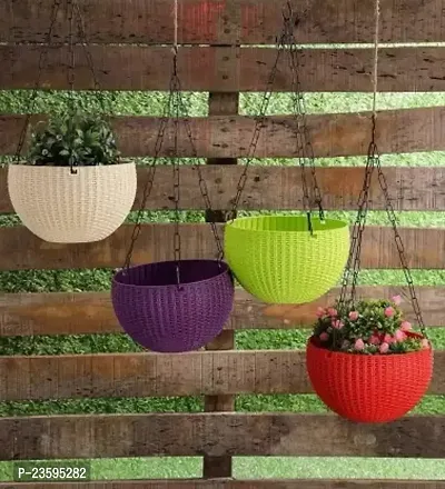 Woven Design Hanging Euro Basket For Indoor and Outdoor with Chain Plant Container Set -Pack of 4, Plastic-thumb0