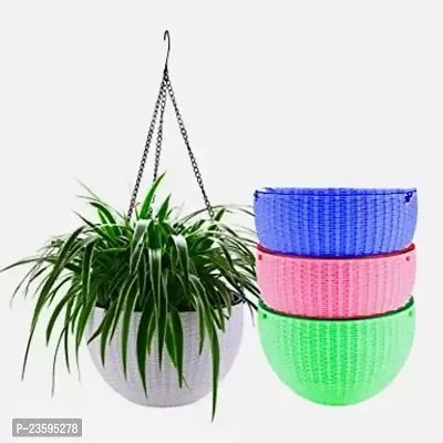 Woven Design Hanging Euro Basket For Indoor and Outdoor with Chain Plant Container Set -Pack of 4, Plastic-thumb0