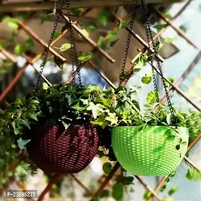 Woven Design Hanging Euro Basket For Indoor and Outdoor with Chain Plant Container Set -Pack of 2, Plastic-thumb0