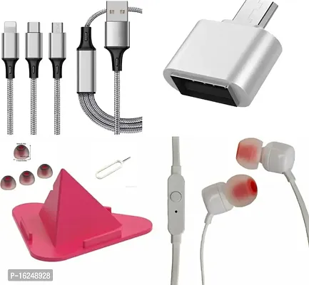 HAMARI DUKAAN) Mobile accessories combo 3in1 data cable, earphone with mic, OTG type B,pyramid mobile stand, earbuds, sim pin.-thumb0