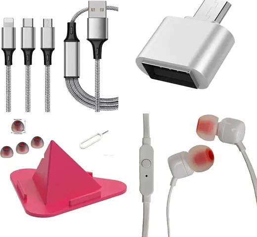 HAMARI DUKAAN) Mobile accessories combo 3in1 data cable, earphone with mic, OTG type B,pyramid mobile stand, earbuds, sim pin.