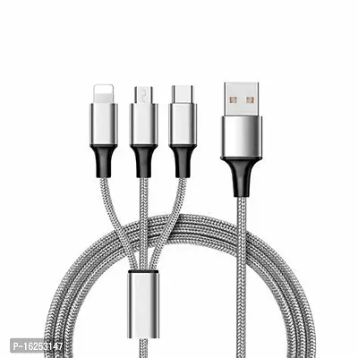 HAMARI DUKAAN) 3 in 1 multi USB fast charging Nylon braided USB charging cable, compatible with Apple iPhone, type B  type C models, Micro charging usb cable - 1.2 Meter long.-thumb0