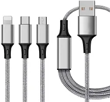 HAMARI DUKAAN) 3 in 1 multi USB fast charging Nylon braided USB charging cable, compatible with Apple iPhone, type B  type C models, Micro charging usb cable - 1.2 Meter long.-thumb1