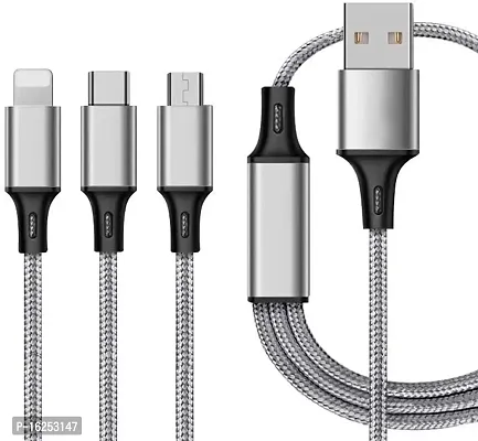 HAMARI DUKAAN) 3 in 1 multi USB fast charging Nylon braided USB charging cable, compatible with Apple iPhone, type B  type C models, Micro charging usb cable - 1.2 Meter long.-thumb2