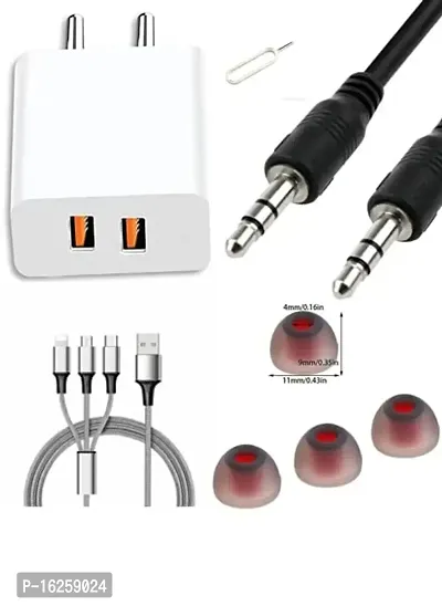 (Hamari dukaan) Mobile Accessories Combo 5V Charger, 3in1 Data Cable, 1meter Long Aux Cable, Earbuds, sim pin.-thumb0