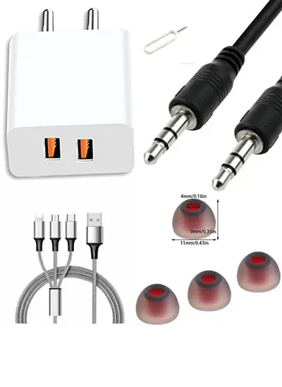 (Hamari dukaan) Mobile Accessories Combo 5V Charger, 3in1 Data Cable, 1meter Long Aux Cable, Earbuds, sim pin.