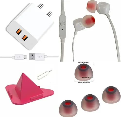 (Hamari dukaan) Mobile Accessories Combo 5V Charger, Earphone with mic, Type B Data Cable, Pyramid Mobile Stand, Earbuds, sim pin.