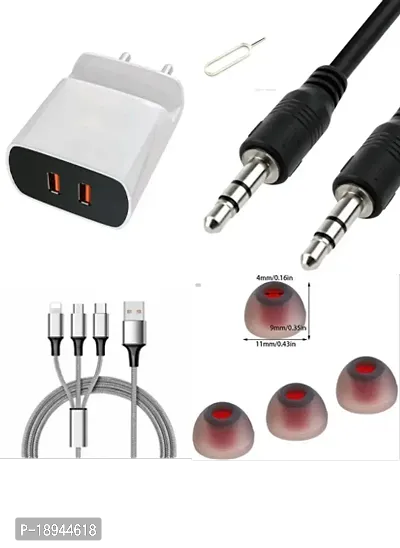 Combo pack of Inbuilt mobile stand charger, 3in1 data cable (maroon black), 1m long aux, earbuds and sim pin-thumb0