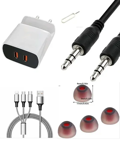 Combo pack of Inbuilt mobile stand charger, 3in1 data cable (maroon black), 1m long aux, earbuds and sim pin