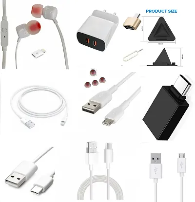 Family combo pack of inbuilt stand charger (type B, type C  I Phone data cable)(power bank cable of type B  type C (0.2-0.5m), Earphone, (3*OTG type B,C, I phone), pyramid stand, earbuds  sim pin.