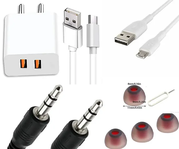 Combo pack of 5V charger, type B data cable, power bank cable type C(0.2-0.5mm), 1m long aux cable, earbuds and sim pin.
