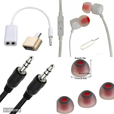 Combo pack of Earphone with mic, 2in1 earphone connector, OTG type B, 1m long aux cable, earbuds and sim pin.
