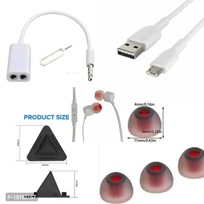 Combo pack of Earphone with mic, 2in1 earphone connector, power bank cable type B(0.2-0.5mm), pyramid mobile stand, earbuds and sim pin.