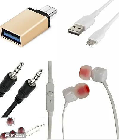 Combo pack of Earphone with mic, type B data cable, OTG type C, 1m long aux cable, earbuds and sim pin.