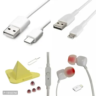 Combo pack of Earphone with mic, type B data cable, power bank cable type C(0.2-0.5mm), I Phone to type B connector, pyramid mobile stand, earbuds and sim pin.