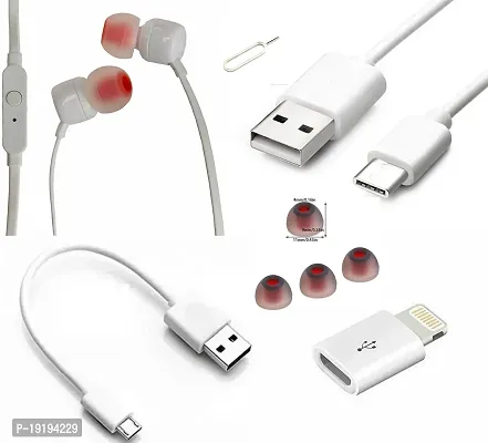 Combo pack of Earphone with mic, type C LED data cable, power bank cable type B(0.2-0.5mm), I Phone to type B connector, earbuds and sim pin.